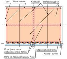 Схема печатного листа с размещенными необходимыми дополнительными элементами: припусками, клапанами, шкалами и т. д