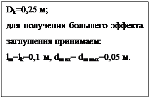 Подпись: Dk=0,25 м;
для получения большего эффекта заглушения принимаем:
lm=lk=0,1 м, dm вх= dm вых=0,05 м.

