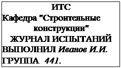 Подпись: ИТС Кафедра "Строительные конструкции" ЖУРНАЛ ИСПЫТАНИЙ ВЫПОЛНИЛ Иванов И.И. ГРУППА 441. 